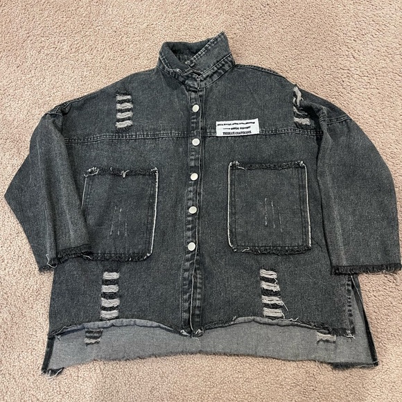 FBYDLL Drop Shoulder Ripped Denim Distresses  Jacket Retro Y2k - Picture 3 of 10